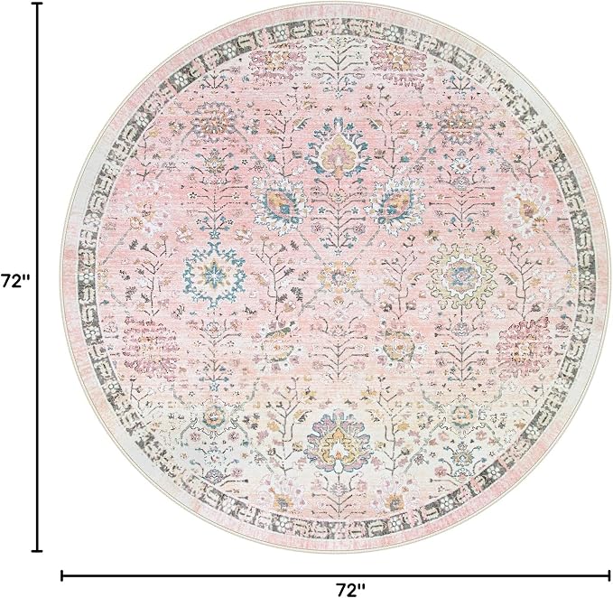 Lahome Girls Bedroom Pink Round Rug 6ft, Soft Washable Floral Circle Rug with Non Slip Backing, Light Pink Area Rug for Kids Room, Nursery, Reading Corner and Playroom