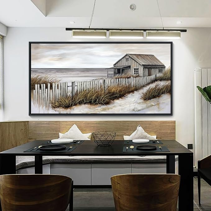 YDYSUNE Village Coastal Wall Art for Living Room - Retro Beach Fenced House Large Canvas Wall Decor for Home Artwork Painting Print for Bedroom Decoration Kitchen Office Picture Framed 29x58 Inches