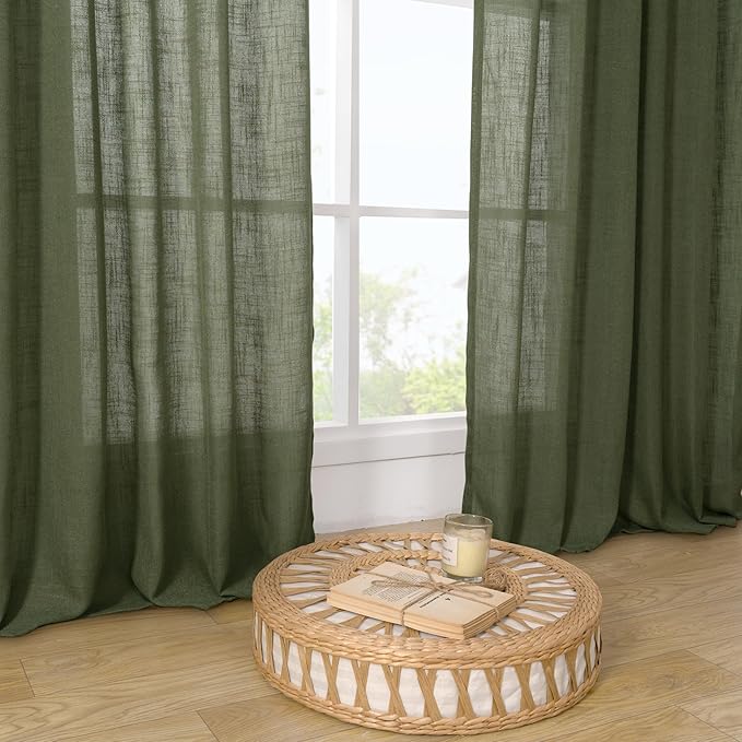 LAMIT Olive Green 72 inch Linen Curtains for Living Room 2 Panels, Linen Textured Light Filtering Semi Sheer Back Tab and Rod Pocket Christmas Curtain Panels for Bedroom/Farmhouse, 52 x 72 Inch