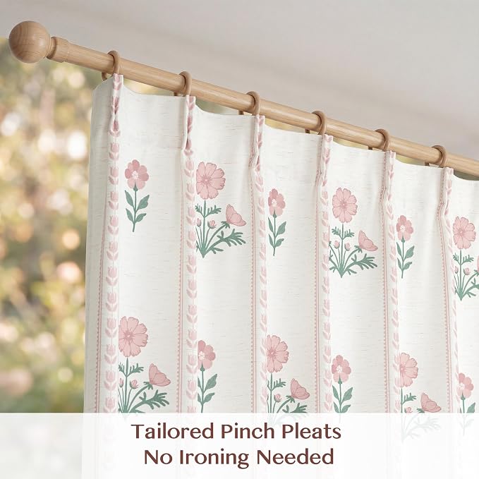 THREE GIRLS Pinch Pleated Light Filtering Linen Blend Floral Block Print Curtains for Girls Room, Nursery, Living Room, Modern Farmhouse, Memory Trained, Hooks, 2 Panels Set, 40"x84", Pink