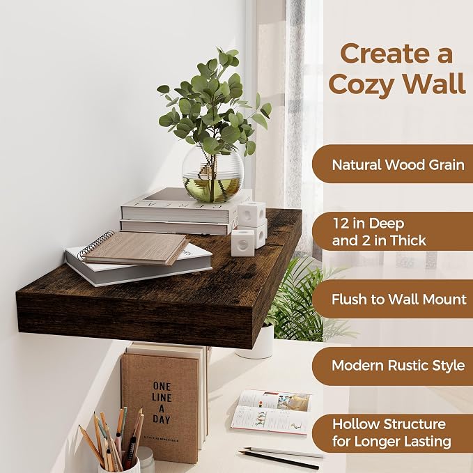 12 Inch Deep Floating Shelves, 24 x 12 Floating Shelf for Books, Rustic Wood Deep Wall Shelves for Home Storage & Display, 2" Thicked Shelves for Kitchen, Living Room, Bedroom, Rustic Brown, 1 Pack