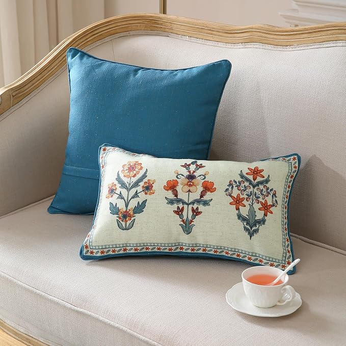 ISAENNE Linen Rectangle Throw Pillow Cover,Set of 2,20"x12"-Floralsea A | Designer French Elegant Pillow Cover,Concealed Zipper Design,Sofa,Bedroom,Living Room,Lounge Chairs,All Season Home Decor
