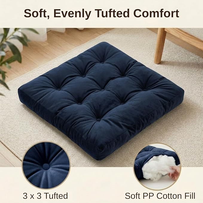 Floor Pillows for Adults Set of 2, Soft Velvet Floor Cushions for Sitting, Square Tufted Floor Pillow Set for Reading Nook, Living Room, Bedroom, 22 x 22 Inch, Navy