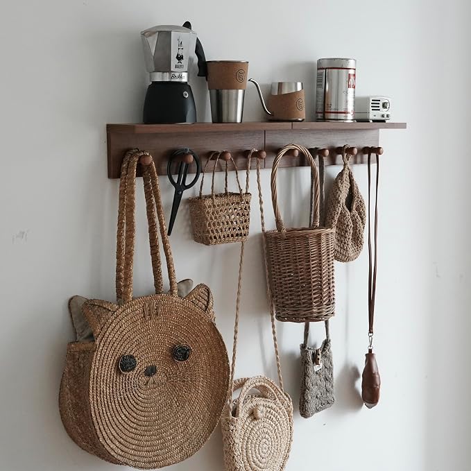 Wall Mounted Coat Rack with Shelf, Wooden Entryway Hooks, Teak Finish | Adjustable rail with movable wood hooks