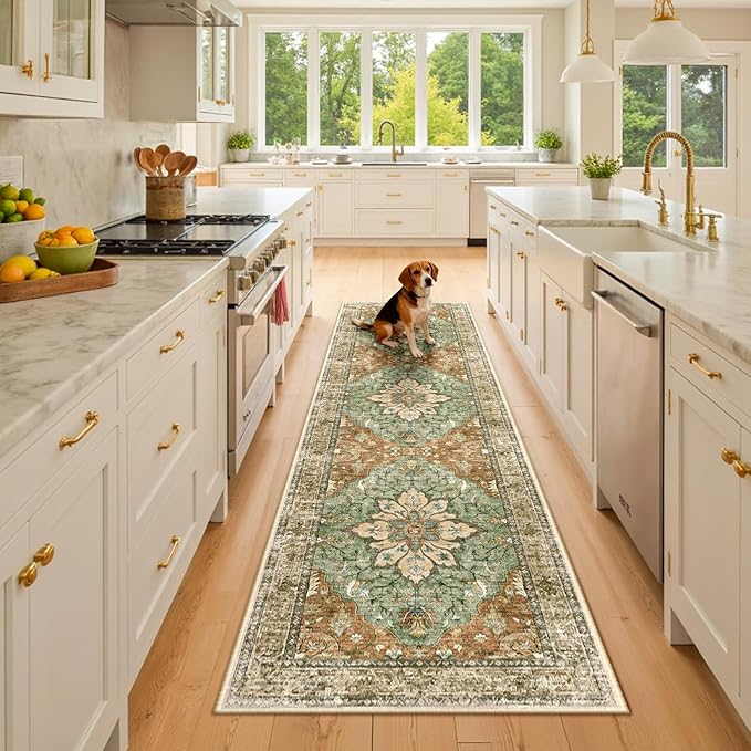 RELEANY Area Rugs 2'x8' Runner Rug Non Slip Washable for Kitchen Hallway Bedroom Beside Laundry Room Bathroom Rug, Floor Carpet, Brick Red Rust Neutral Brown Burnt Orange Green