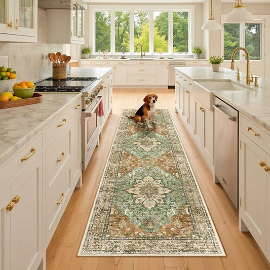 RELEANY Area Rugs 2'6''x8' Runner Rug Non Slip Washable for Kitchen Hallway Bedroom Beside Laundry Room Bathroom Rug, Floor Carpet, Brick Red Rust Neutral Brown Burnt Orange Green