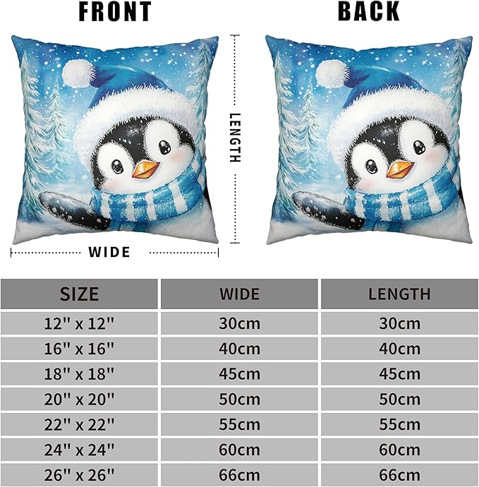 Penguin Pillow Case 24x24 Set of 2 Winter Decorative Pillow Covers Blue Winter Cotton Linen Throw Pillow Covers for Holiday Decorations Couch Outdoor Living Room