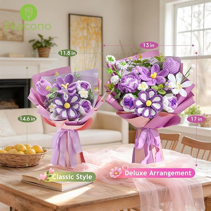Alecono Large Crochet Flower Bouquet, Knitted Artificial Flowers, Crochet Tulip as a Gift for Valentines Day Mothers Day, Graduation Gifts for Girls Women (Purple)