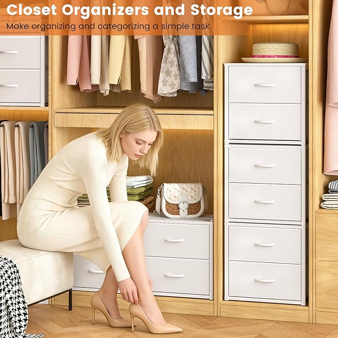 DAOUTIME 3-Pack Stackable Storage Drawers (6 Drawers Total), White Closet Organizer for Clothes, Stackable Drawer Dresser for Closet, Stackable Drawers for Bedroom, Living Room, Pantry, Under Bed