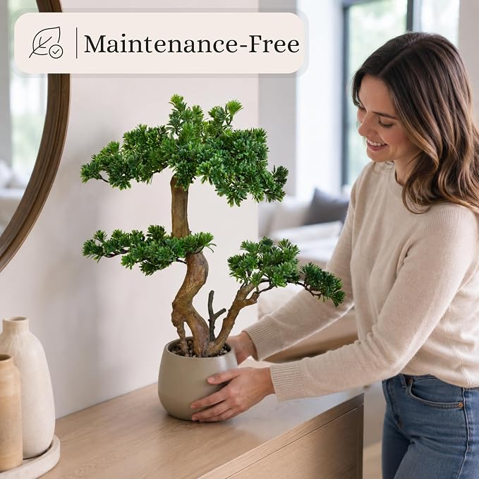 Artificial Bonsai Tree 26" Tall with Realistic Wood and Ceramic Pot, Fake Plants for Home, Bedroom and Office Desk, Japanese Decor