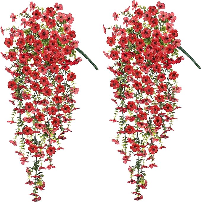Ammyoo Artificial Hanging Flowers for Outdoors Fake Plants Decoration, 2 Pcs Faux Silk Daisy Flower Realistic Outdoor Flowers UV Resistant Porch Patio Window Yard Indoor Spring Decor(Red)