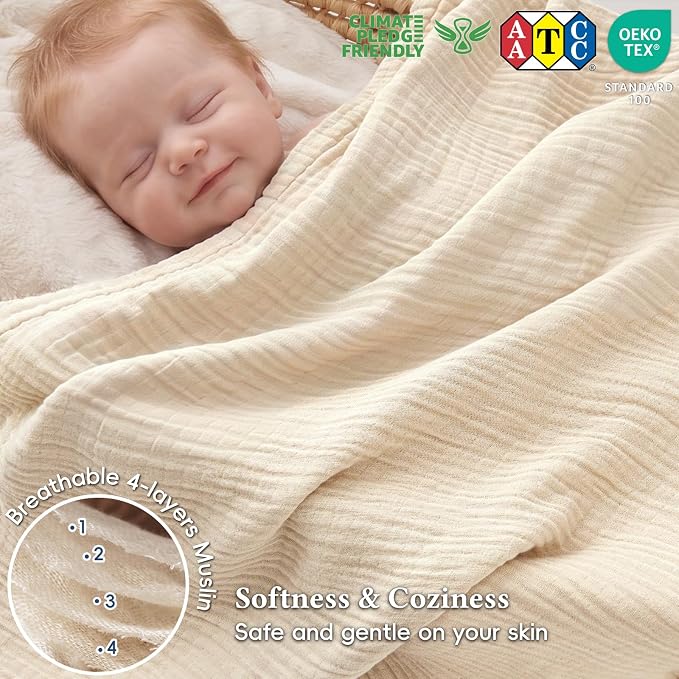 David's Home Soft Muslin Blanket Twin Size for Adults, 60% Rayon 40% Cotton, Breathable Lightweight Cooling Blanket for Hot Sleepers, 4-Layer Cozy Gauze for Bed, 66"x90", Natural/Birch