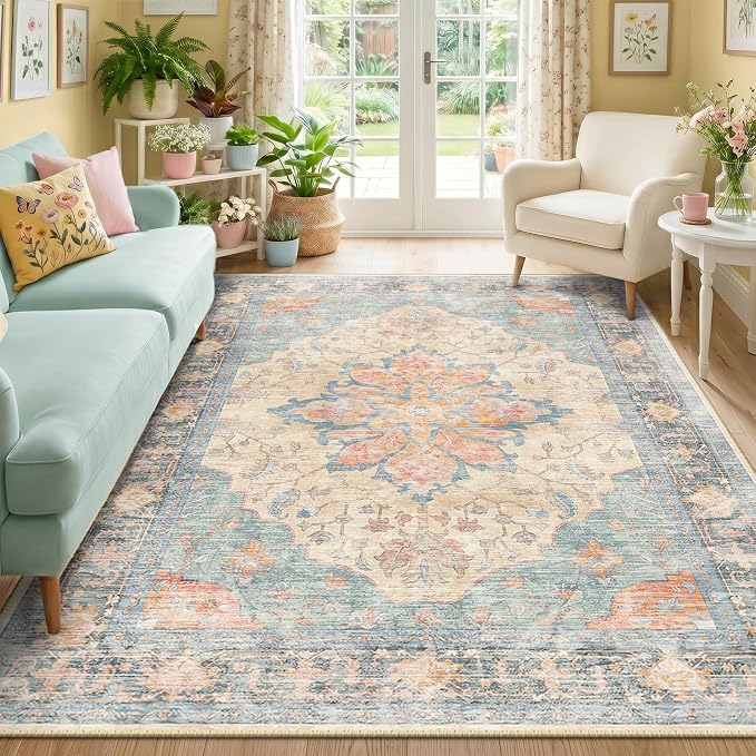 RELEANY Area Rugs 5'x7' Washable Non-Slip, Floral Vintage Distress Medallion Carpet for Living Room Bedroom Dining Room, Blue Orange Red