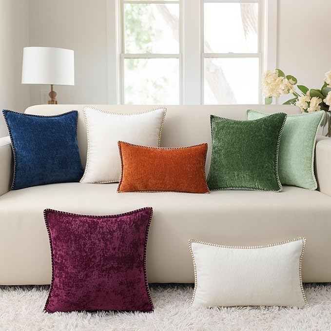 decorUhome Chenille Soft Cozy Throw Pillow Covers 12x20 Set of 2, Modern Farmhouse Boho Velvet Decorative Pillow Cases with Stitched Edge for Couch Sofa Bed Home Decor, Neutral Gray