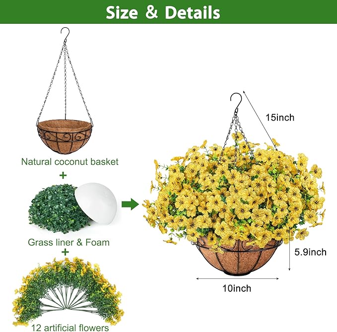 Ouddy Decor Artificial Hanging Flowers with Basket, Fake Hanging Plants with Faux Silk Flowers UV Resistant for Outdoors Indoors Spring Summer Porch Patio Balcony Yard Home Decorations, Yellow