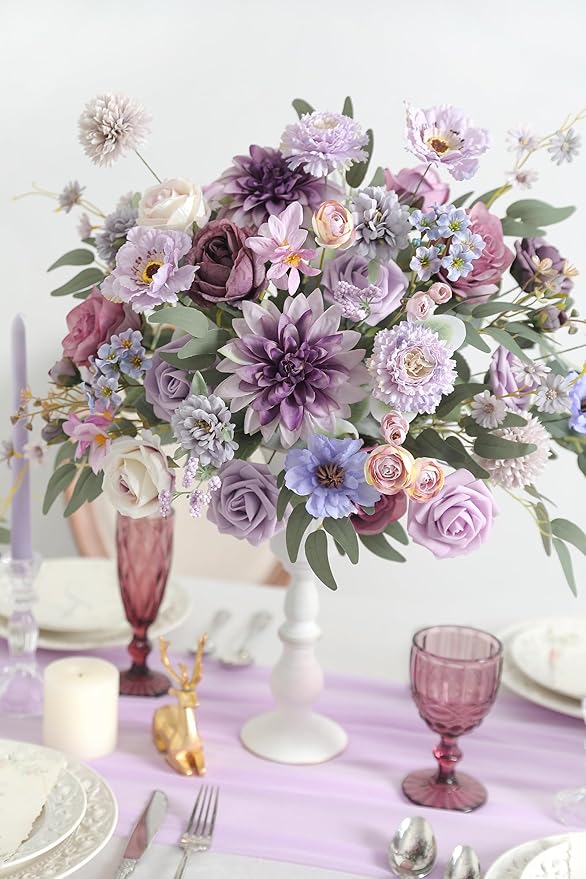 rongflower Purple Artificial Flowers Combo Box Set Silk Flowers Fake Rose for DIY Floral Arrangements Wedding Bouquets Centerpieces Baby Shower Party Home Decorations