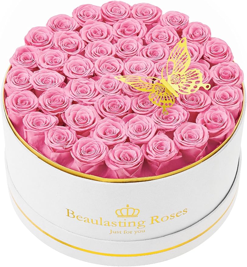 47 Preserved Roses Forever Flowers Real Roses in a Box Mother's Day Birthday Flowers for Her Mom Women Wife Valentine's Day, Pink Roses