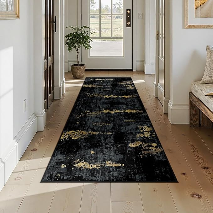 RELEANY Washable Area Rugs 2'6''x8 Non-Slip Modern Abstract Soft for Living Room Entryway Bedroom Nursery, Print Pattern, Dark Black Gold