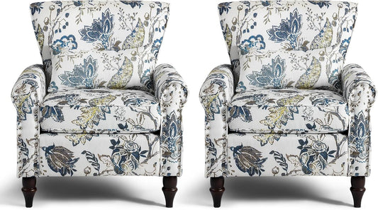 Wingback Accent Chair with Removable Pillow, High Back Floral Armchair with Solid Wood Legs & Nailhead Trim, Comfy Upholstered Reading Single Sofa Chair for Bedroom (2, Blue Floral Pattern)