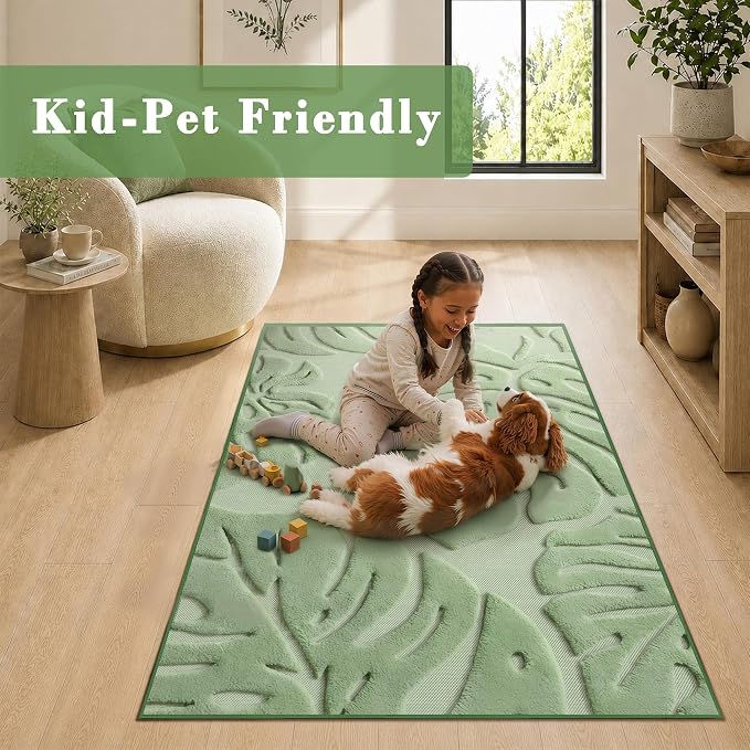 Sage Green Monstera Area Rug 3x5, High-Low Plush Pile Washable Rugs for Living Room Bedroom, Tropical Non Slip Nursery Carpet Soft Indoor Shag Rugs for Dining Room