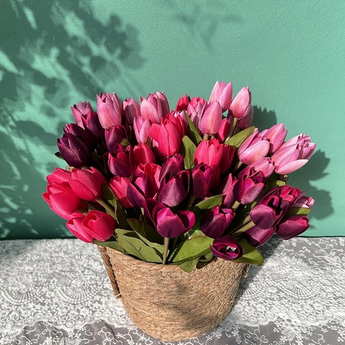 Artificial Fake Flowers for Spring Summer Outdoor Decoration,6 Bundles Realistic UV Resistant Silk Fabric Colorful Tulip Faux Plants for Outside Planter Home Porch Patio Decor(Pink Purple)