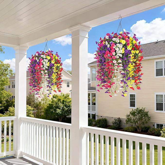 INXUGAO Artificial Flowers with Hanging Basket, Outdoor Faux Plants Silk Morning Glory Vines, Fake Petunias for Garden Patio Spring Summer Decor, 12 pcs Mixed Color