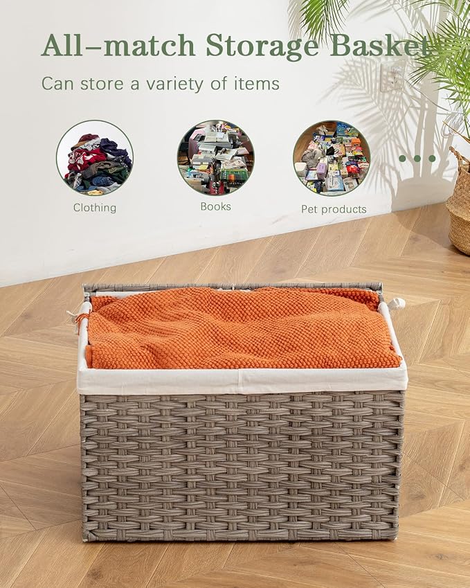 SETVSON Storage Basket with Lid, PE Rattan Woven Storage Baskets with 2 Separate Lids, 17.2 Gallon (65 L), 22.2 x 13 x 13.8 Inches, 2 Removable Liner Bags Handles for Bedroom, Laundry Room Gray