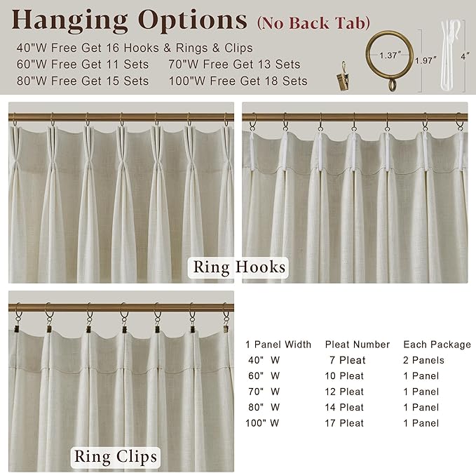 90 Inch Triple Pinch Pleated Linen Curtains 2 Panel Set for Living Room Beige Linen Textured Drapes 90 Inches Long Pinch Pleat Curtain Light Tan Semi Sheer Light Filtering for Dining Room Office