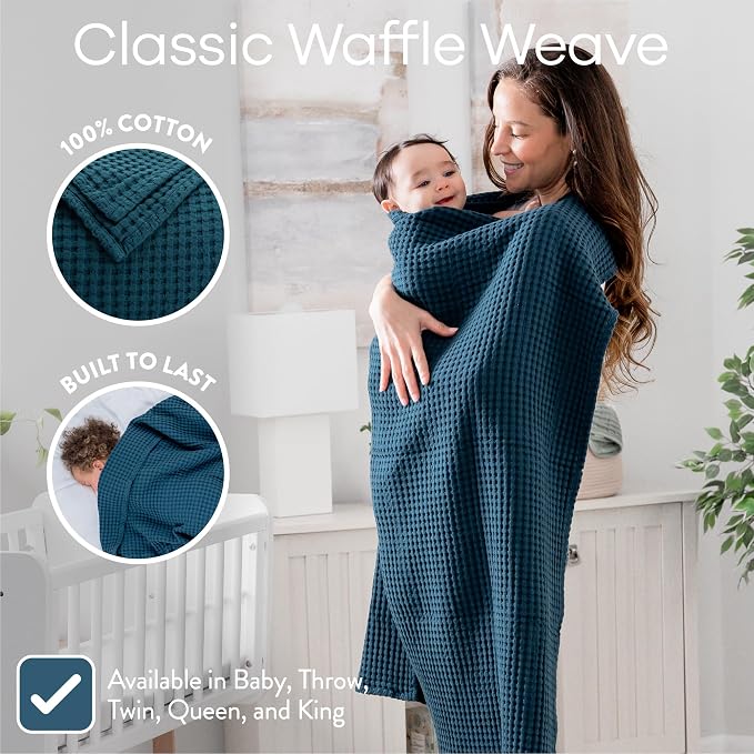 Comfy Cubs Waffle Weave Baby Blanket - 40” x 40” Cotton Blanket with Textured Design - Lightweight Swaddle for Bed, Crib, Stroller, or Couch - Soft and Cozy Cover for Toddlers, Boys & Girls - Neptune
