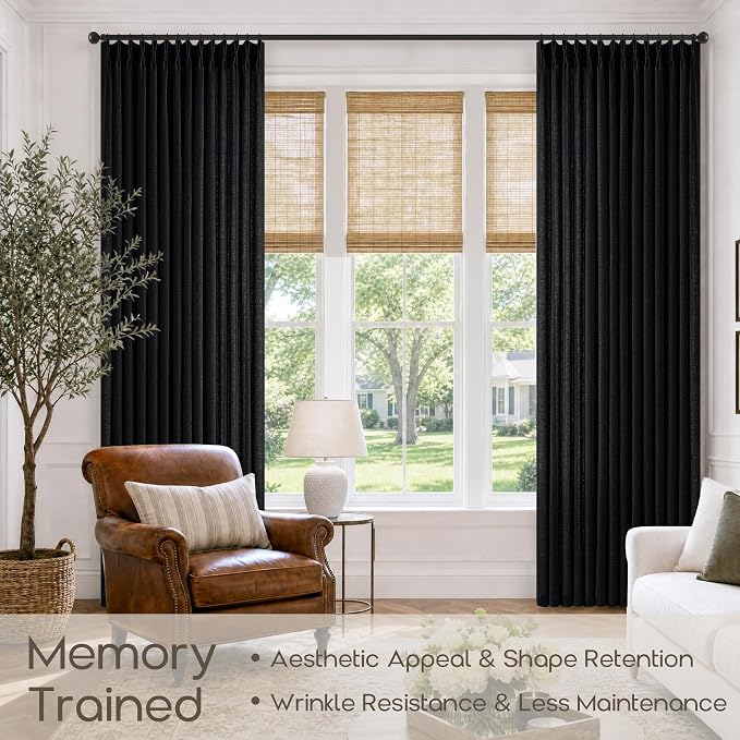 Black Pinch Pleated Linen Curtains 102 Inches Long 2 Panels Modern Light Filtering Sheer Thick Linen Drapes with Back Tab Living Dining Room Bedroom Semi Sheer Pinch Pleat Long Window Curtains 40x102