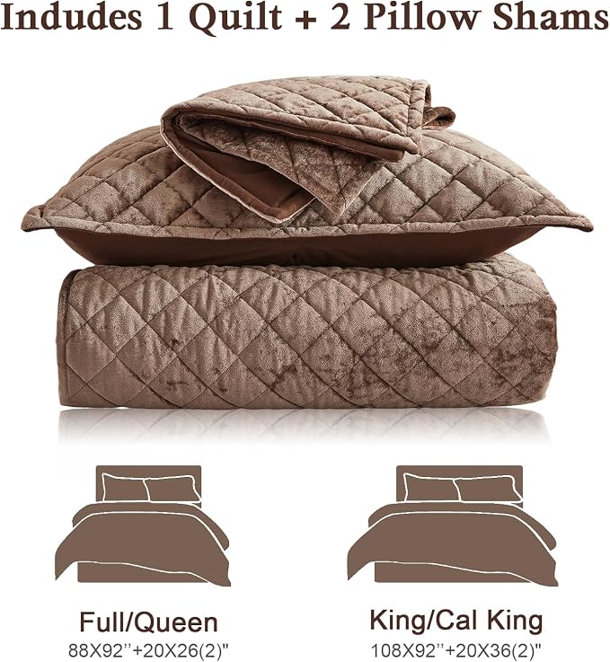 Cosybay Luxury Velvet Quilt Set Queen, Lightweight Oversized Bedspread Coverlet Quilted Box Stitch Bedding Set, with 2 Matching Pillow Shams, for All Season, Mocha Brown