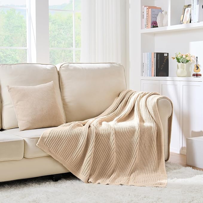 Soft Chunky Knit Ginger Beige Throw Blanket - Thick Cozy Decorative Blanket for Couch Sofa Bed Living Room, 60"x80"