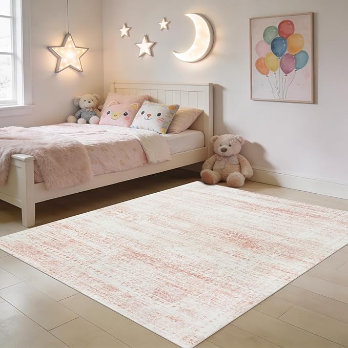 Srugn Washable Rugs 4x6 Area Rugs for Living Room,Bedroom,Kids Room,Nursery- Soft Faux Wool Small Carpets,Non Slip&Non-Shedding Low Pile Vintage Print Rugs for Enterway,Home Office Decor-Pink White