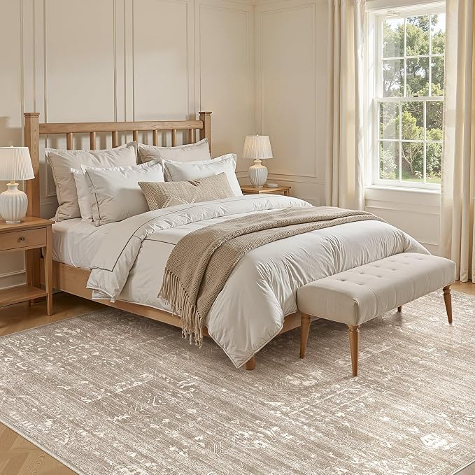 Area Rug for Living Room - 9x12 Soft Washable Oriental Vintage Floral Distressed Large Carpet - Fade Stain Resistant Non Slip Rugs for Bedroom Dining Room Nursery Dorm Office Home Decor - Camel