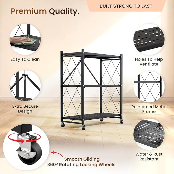 Our Modern Space 3-Tier Foldable Storage Shelf with Wheels | Metal Rack Collapsible Shelving Display | Rolling Cart for Books Kitchen Storage Shelves | Pantry & Closet Organizer | Office Room Decor