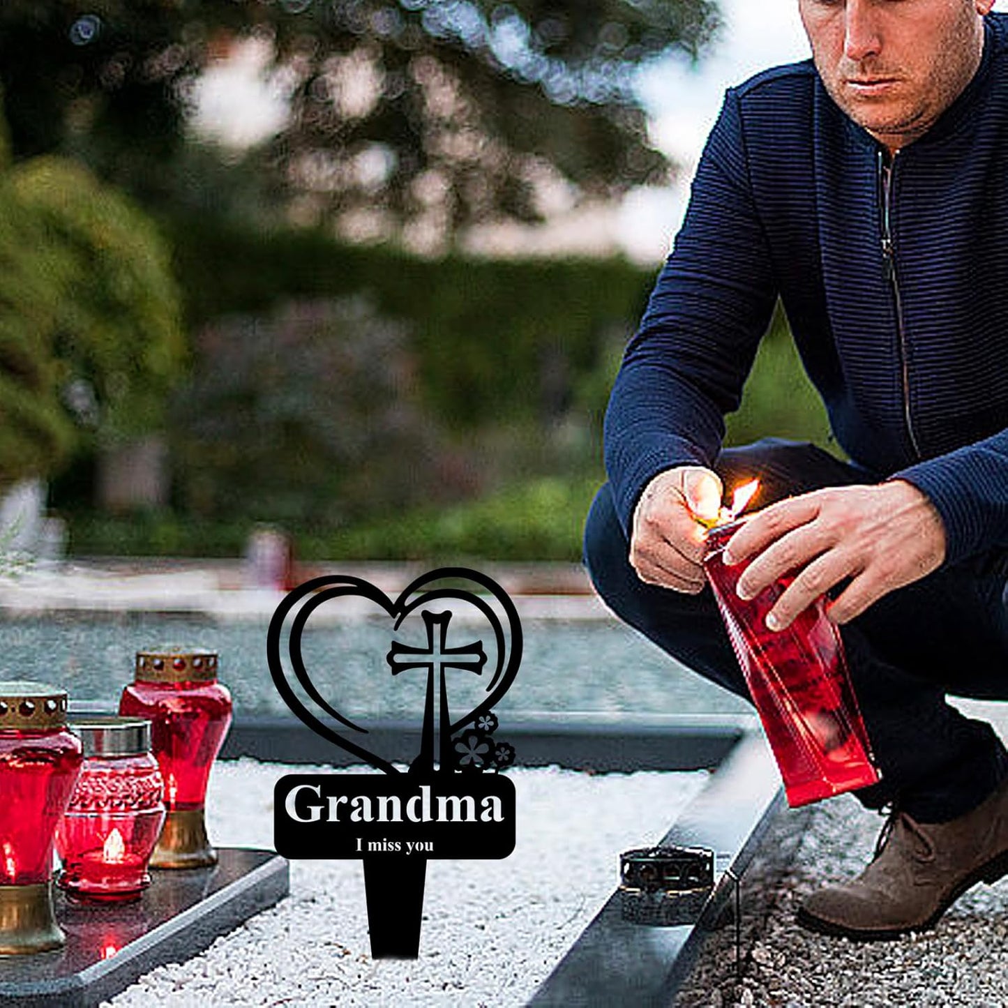 Grandma Memorial Grave Stake, Cemetery Decorations for Grave Markers 12.5 x 7.2 inch Heart Metal Sympathy Stakes Graveside Plaque Decor Sign for Grandma Graves, Yard, Garden - Black-Grandma