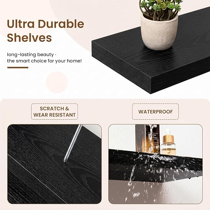 Marsmiles 55in Floating Shelves for Wall, 55" W x 9.25" D x 1.5" H, Long Wall Mounted Engineered Wood Shelves with Invisible Brackets for Living Room, Bedroom, Bathroom, Kitchen, Black, 2Pcs