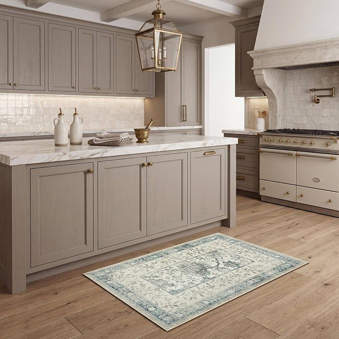 GarveeHome Vintage Blue Small Rug 2x3 Door Mat Indoor Cottage Core Retro Farmhouse Low-Pile Stain Resistant Non-Slip Washable Rugs for Entryway Bathroom Bedroom Kitchen TPE Backing
