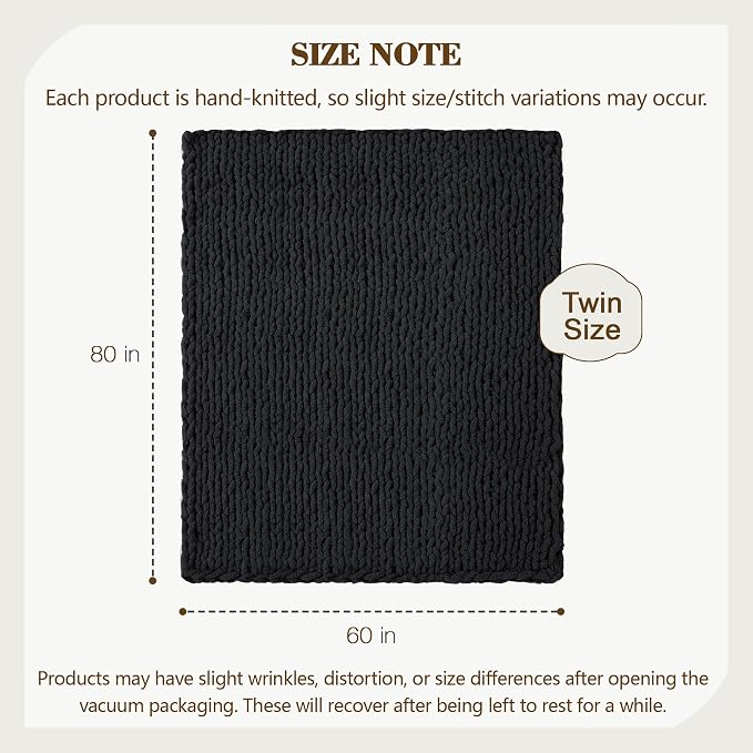 Carriediosa Chunky Knit Throw Blanket 60" X 80" Twin, 100% Hand Made Large Chenille Loop Yarn Soft Fluffy Throws for Couch Sofa Bed, Big Crochet Cozy Heavy Thick Cable Woven Blankets, Black