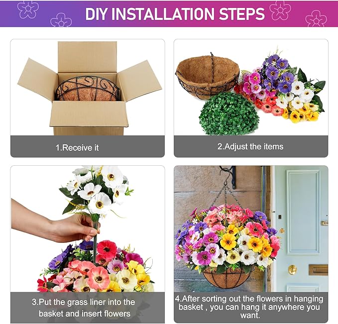 Ouddy Decor Artificial Hanging Flowers with Basket, Fake Silk Hanging Flowers in Coconut Lining Basket Faux Hanging Plants for Outdoor Indoor Spring Garden Porch Patio Balcony Home Decor, Multicolor