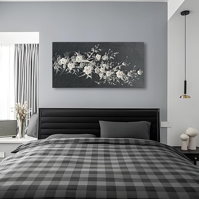 Hand Painted Modern Black and White Art Oil Painting White Plum Blossom Painting 24x48 inch Canvas Wall Art Home Wall Decorative Art