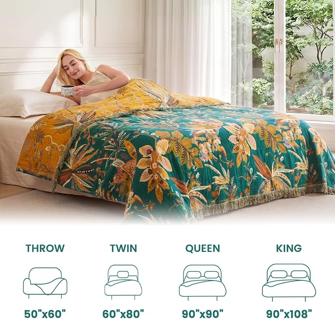 MSGKV Boho Throw Blanket for Couch 100% Cotton Embroidery Blanket 50"x60" Sofa Bed Chair Muslin Summer Breathable All Seasons Lightweight Farmhouse Blankets Home Decor
