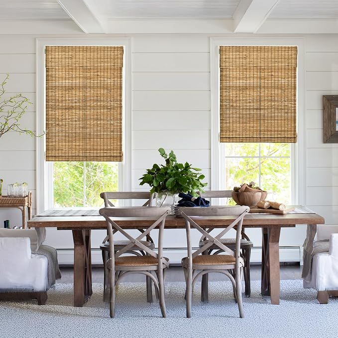 LazBlinds No Tools No Drill Cordless Bamboo Roman Shades, Light Filtering Window Treatment, Roll Up Bamboo Blinds for Windows 30'' W x 48'' H, Eastfield Teak