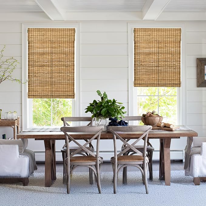 LazBlinds No Tools No Drill Cordless Bamboo Roman Shades, Light Filtering Window Treatment, Roll Up Bamboo Blinds for Windows 22'' W x 48'' H, Eastfield Teak