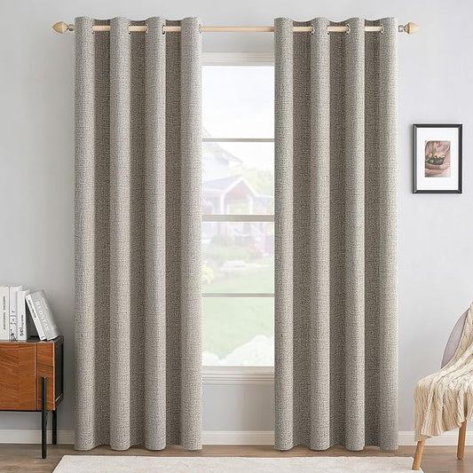 MIULEE Linen Curtains for Bedroom Solid 100% Blackout Thermal Insulated Greige Curtains Grommet Room Darkening Drapes for Living Room Nursery 52x72 Inch (2 Panels)
