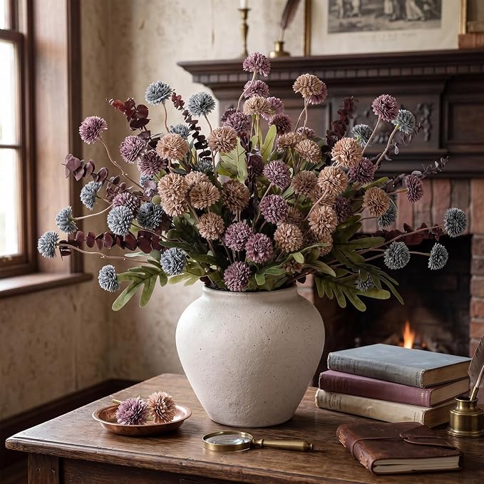 Hoteam 36 Pcs Artificial Chrysanthemum Flowers Bouquet with Dried Eucalyptus Leaves 15 Stems Fake Mums 21 Stems Preserved Eucalyptus for Vase Home Decor Wedding Centerpieces(Blue Violet)