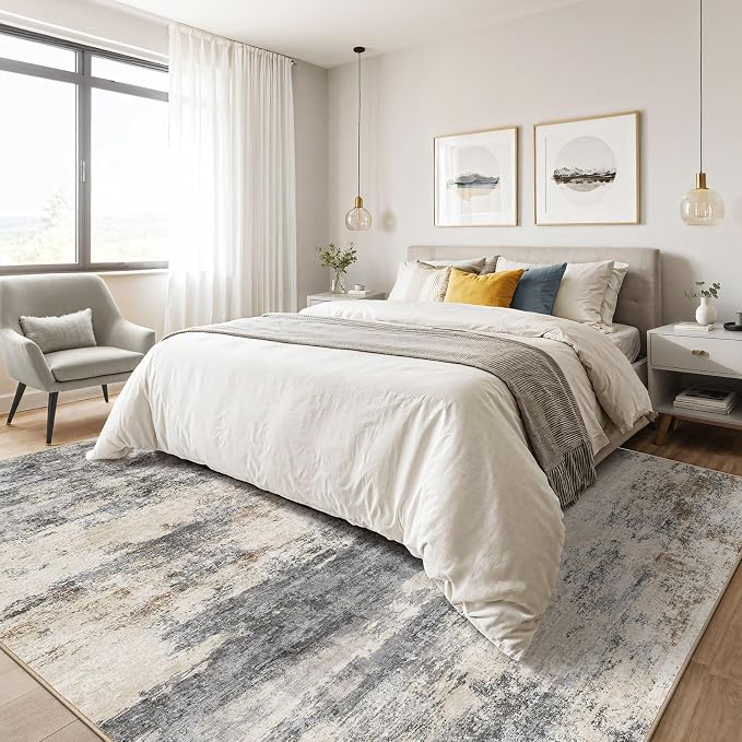 Area Rugs 9x12 Living Room: Washable Large Abstract Modern Soft Rugs Stain Resistant Indoor Floor Non Slip Accent Carpet for Bedroom Nursery Playroom Office Dining Room Dorm Home Decor- Gray Brown