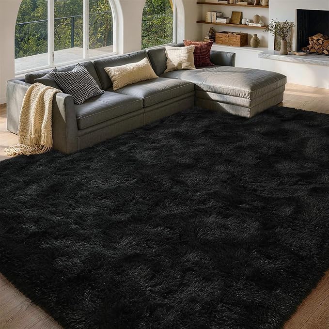 FinRèc 6x9 Feet Black Rugs for Bedroom Living Room, Plush Shag Area Rug, Non-Slip Fluffy Furry Rug for Nursery Kids Room Dorm Room Home Decor, Indoor Shaggy Floor Carpet