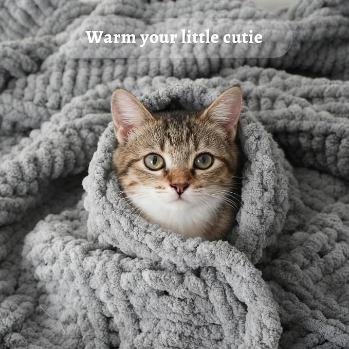 Battilo Chunky Knit Throw Blanket for Couch, 50"x60", Light Grey | Hand Knit with Chunky Yarn, Gift Blanket, Cozy Warm Thick Soft Chenille Throw Blanket for Bed, Sofa, Living Room