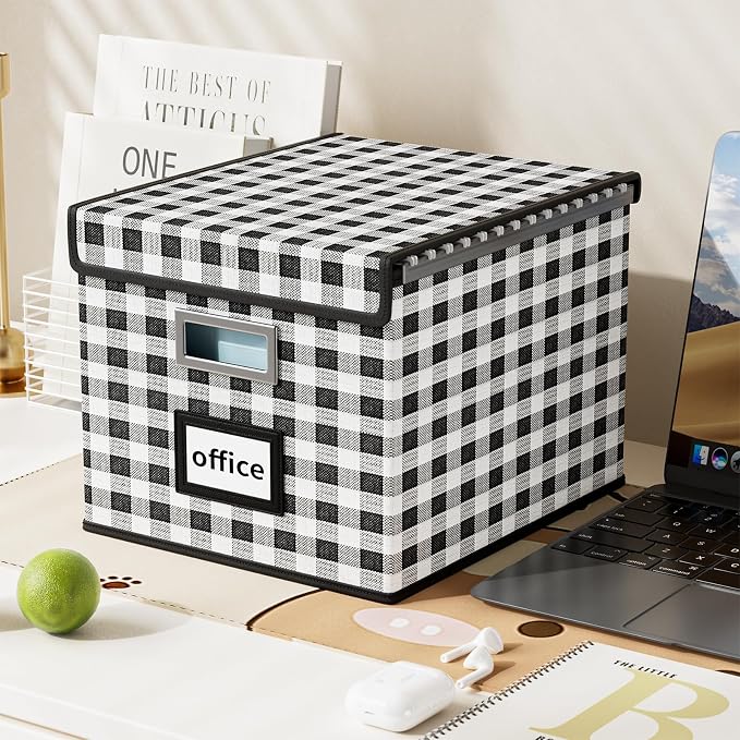 File Organizer Box with Lid, Collapsible File Folder Organizer for Office Document Storage, Filing Box with Plastic Slide for Letter Size Hanging File Folders(1 Pack, Black & White Lattice)